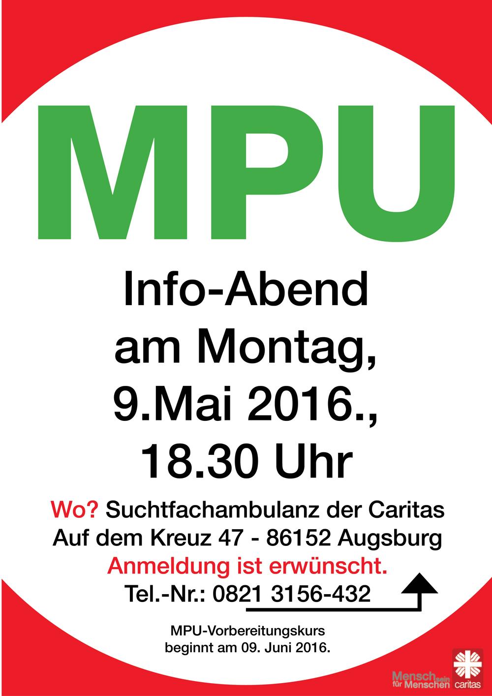 Das Plakat weist auf den Info-Abend der Caritas-Suchtfachambulanz Augsburg am 9. Mai 2016 um 18.30 Uhr hin. 