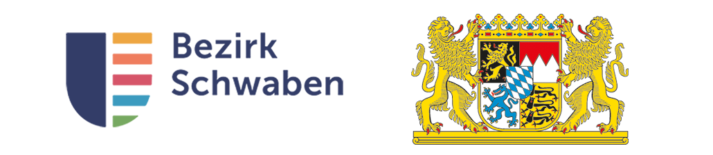 Das Bild zeigt das neue - schematisch klar gestaltete Logo des Bezirks Schwaben und das Wappen des Freistaates Bayern. 